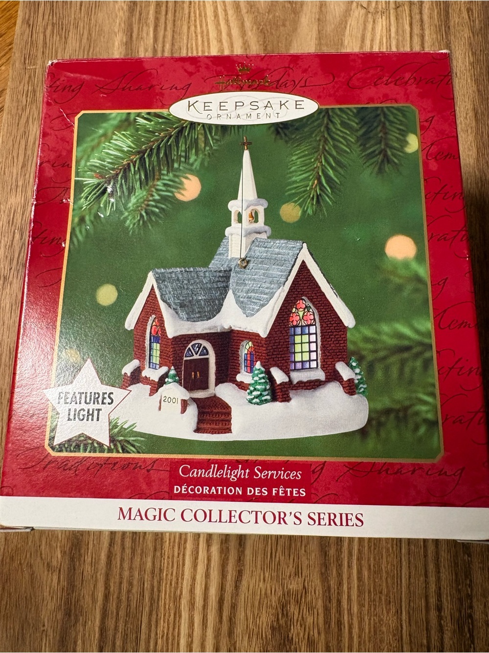 'Candlelight Services' Red Church Ornament with Light